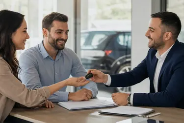 Cliente assinando documentos para transferência de veículo.