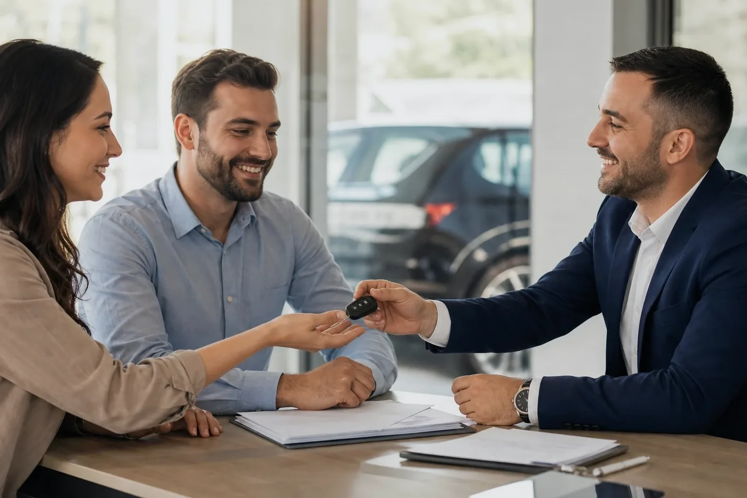 Cliente assinando documentos para transferência de veículo.