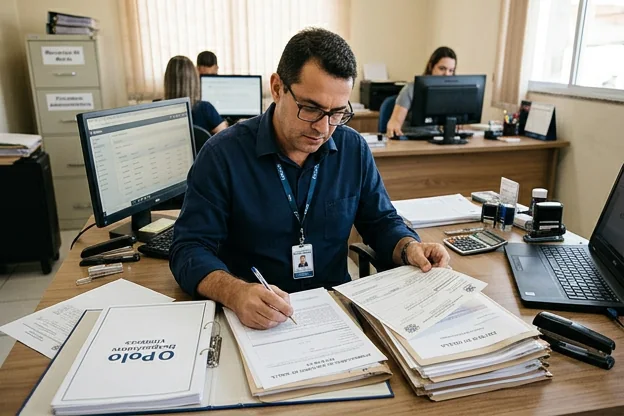 Profissional analisando documentação para recurso de multa.
