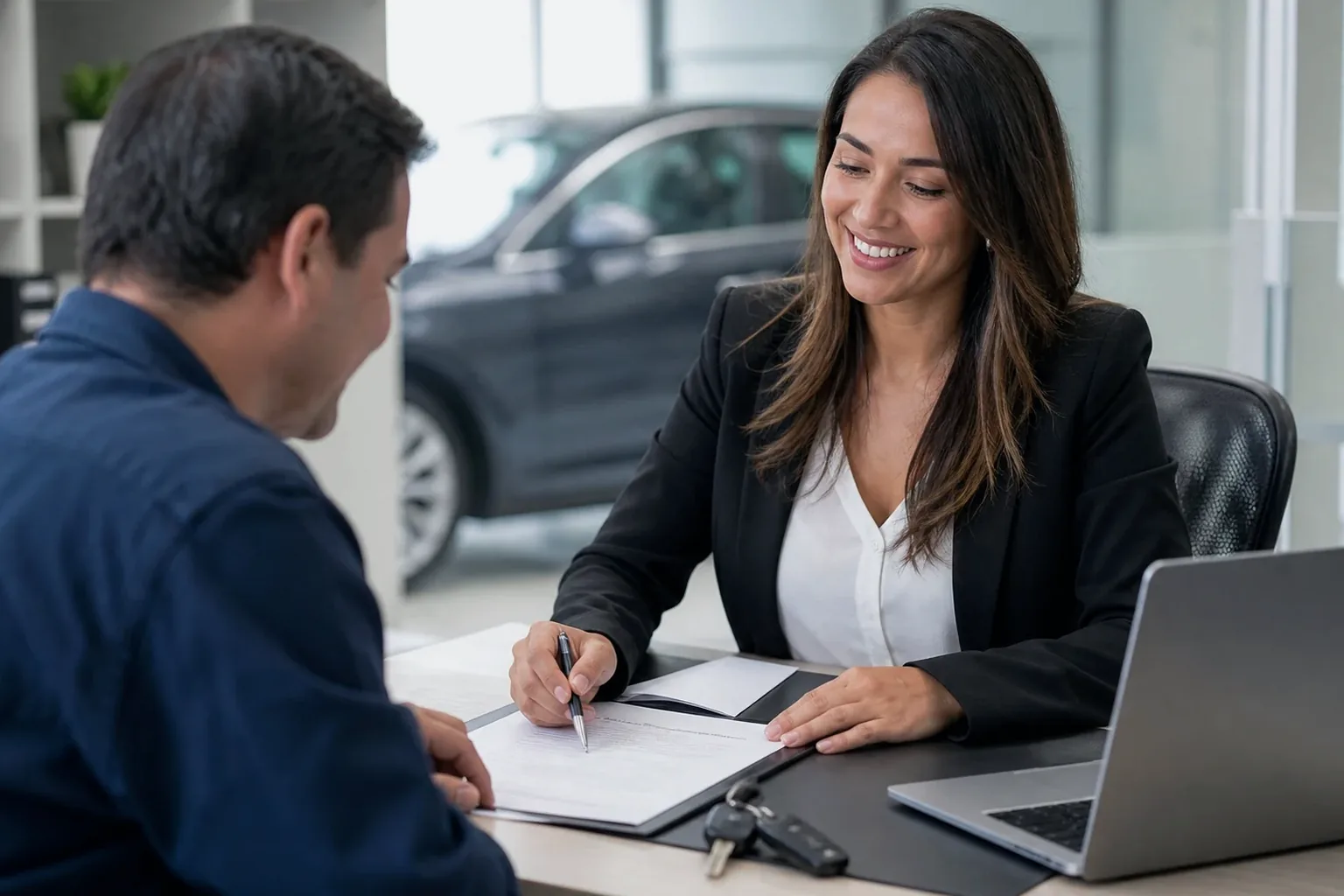 Profissional explicando licenciamento a cliente.