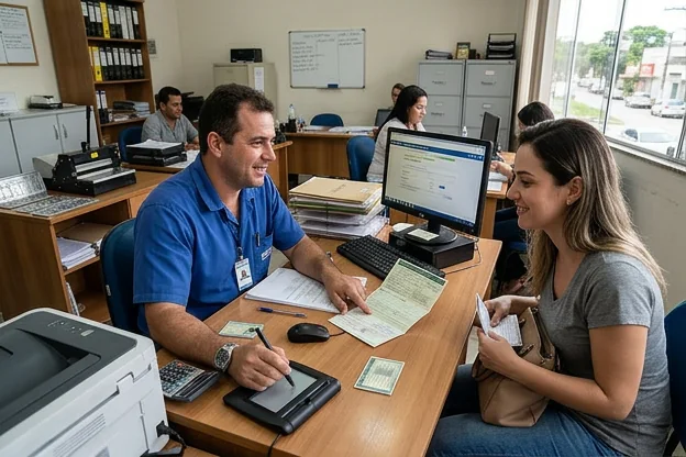Profissional explicando o processo de emplacamento a cliente.